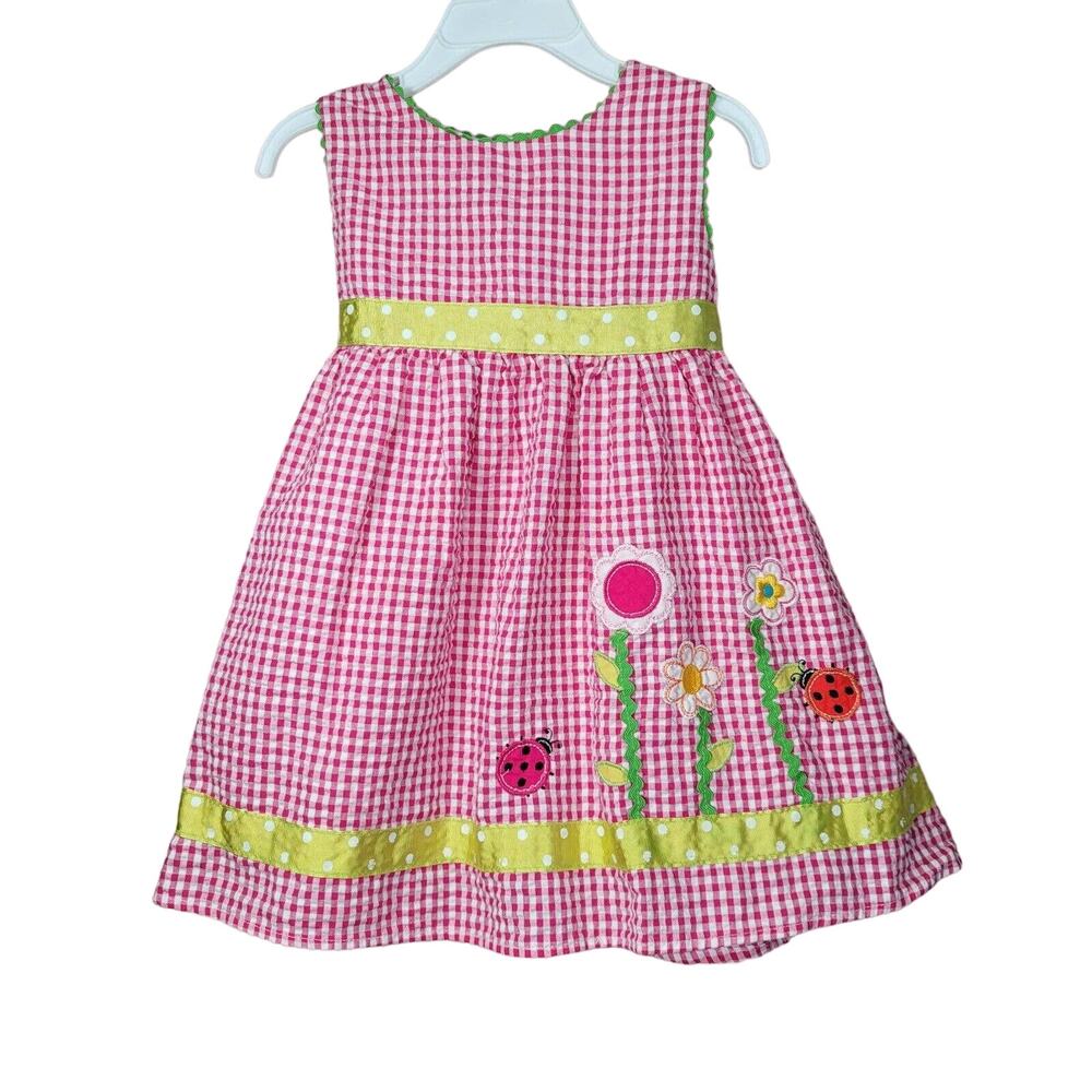 Toddler Dress 2T Seersucker Baby Togs Ladybug Flowers Pink Gingham Embroidered